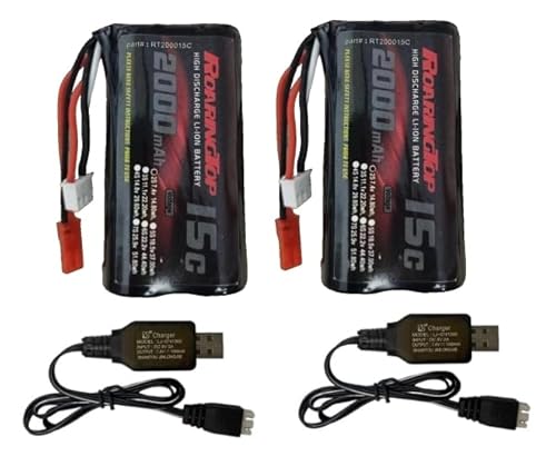 RoaringTop 7,4V Li-Ion Akku 2000mAh 2S Wiederaufladbar mit JST-Stecker, 2 USB-Ladekabel für RC-Auto, RC-Hubschrauber und RC-Boote von RoaringTop