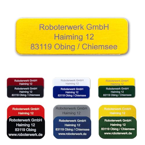 Roboterwerk – Drohnen-Kennzeichnungsschilder, 30x10mm / 31x19mm, Aluminium, QR-Code, Lasergravur, e-ID, Registrierungsnummer, widerstandsfähige Aufkleber, bis zu 4 Zeilen (30x10mm, Gold) von Roboterwerk
