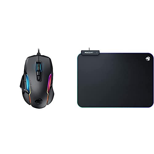 Roccat Kone AIMO Gaming Maus (hohe Präzision, Optischer Owl-Eye Sensor (100 bis 16.000 DPI), RGB AIMO LED Beleuchtung, schwarz(Remastered) + Sense AIMO Gaming Mauspad - AIMO LED Beleuchtung, Schwarz von Roccat