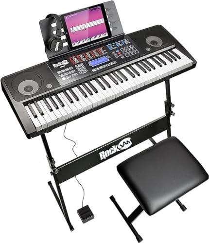 RockJam 61 Key Touch Display Keyboard Piano Kit with Digital Bench, Electric Stand, Headphones Note Stickers, Sustain Pedal & Simply Lessons von RockJam
