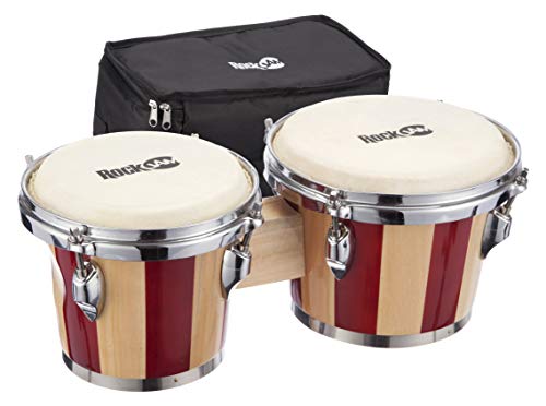 Rockjam RJ-100301 7 "und 8" Bongo-Set mit gepolstertem Beutel und Tuningschlüsselrot und natürlicher Streifen von RockJam