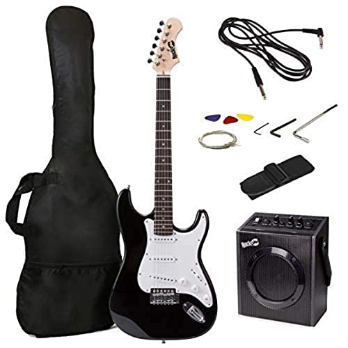 RockJam RJEG01-SK-BK Full Size Electric Guitar Superkit with Guitar Amplifier Guitar Strings Guitar Tuner Guitar Strap Guitar Case and Cable Black von RockJam