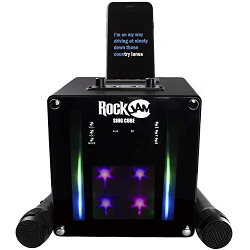 RockJam Singcube 5-Watt-Bluetooth-Karaoke-Maschine mit zwei Mikrofonen, Stimmwechseleffekten und LED-Leuchten, Schwarz von RockJam