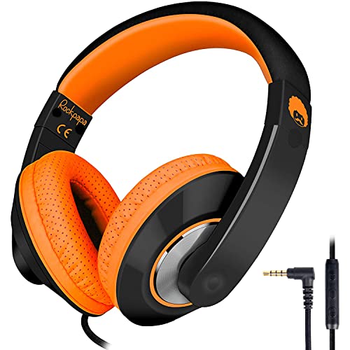 RockPapa Comfort+ Kinder Kopfhörer mit Mic, Kabel Kopfhörer für Kinder Over Ear, 3,5 mm Aux Jack, Verstellbares Kopfhörer für Schule, Jungen, Mädchen, Tablet, Handy, PC (Schwarz Orange) von RockPapa