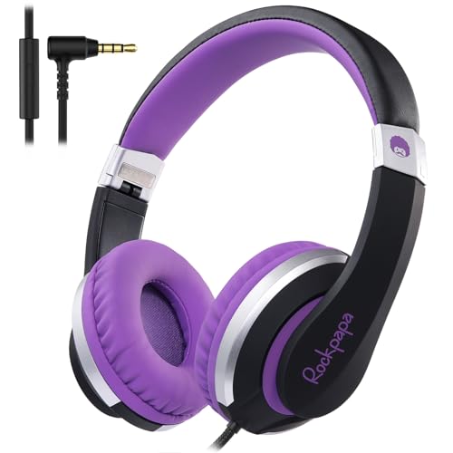 RockPapa I20 Kopfhörer Kinder, Kinder Kopfhörer mit Kabel, HD Stereo Kopfhörer 3.5mm mit Mikrofon für Kinder Jugendliche und Erwachsene, Faltbare Kopfhörer für Handy, Tablet,PC (Schwarz Violett) von RockPapa