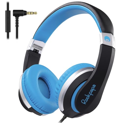 RockPapa I20 Kopfhörer Kinder, Kinder Kopfhörer mit Kabel, HD Stereo Kopfhörer 3.5mm mit Mikrofon für Kinder Jugendliche und Erwachsene, Faltbare Kopfhörer für Handy, Tablet,PC (Schwarz Blau) von RockPapa