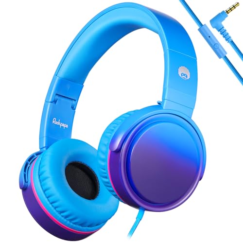 RockPapa Kinder Kopfhörer, Kabel Kopfhörer für Kinder, HD Stereo Kopfhörer mit Mikrofon für Kinder Jungen und Mädchen, Faltbare Kopfhörer für Handy, Tablet,PC (Blau) von RockPapa