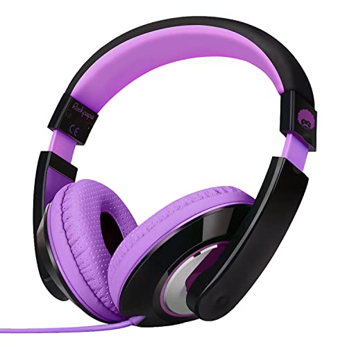 RockPapa Comfort Kinder Kopfhörer für Schule Jungen, Kopfhörer Kinder mit Kabel, Einstellbar, Stereo Sound, 3,5 mm Jack, Over Ear Kinderkopfhörer für Schule/Reise/PC, Schwarz Violett von RockPapa