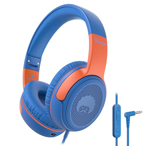 RockPapa Share Kopfhörer Kinder, Kinder kopfhörer mit Mikrofon, 85dB/94dB Lautstärkebegrenzung, Sharing-Funktion, Faltbarer Kopfhörer Over-Ear für Schule, Travel, Tablet, Handy, PC (Blau Orange) von RockPapa