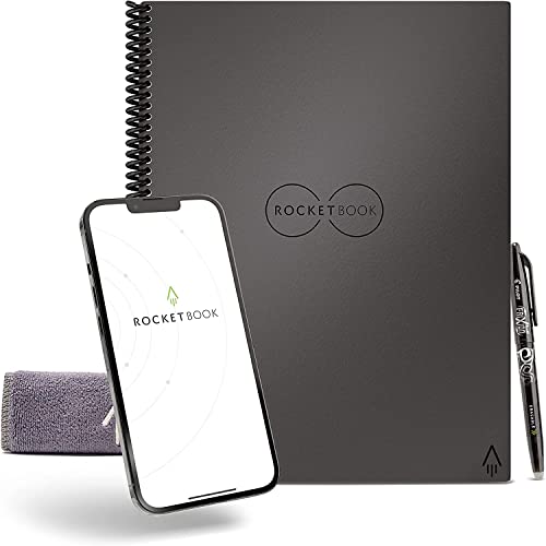 Rocketbook Core Wiederverwendbares Digitales Notizbuch - Letter A4 Deep Space Grey, Elektronischer Notizblock mit Linierten Seiten, Wiederbeschreibbar mit inkl. Pilot Frixion Stift und Mikrofasertuch von Rocketbook