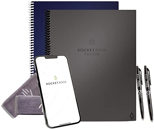 Rocketbook Fusion Smart Wiederverwendbarer Planer – Kalender – ToDoListen – und NotizvorlagenSeiten – 2 (blau & grau) wiederverwendbare Notizbücher (21,6 x 27,9 cm) mit 2 Pilot Frixion Stiften & 2 von Rocketbook