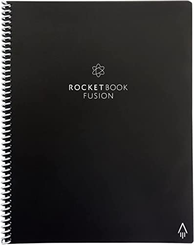 Rocketbook Fusion Wiederverwendbares Notizbuch - Schwarz, Letter A4, 7 Seitenvorlagen mit Kalender, To-Do Liste, Punktraster und Linierte Seiten, Inklusive FriXion Stift und Mikrofasertuch von Rocketbook