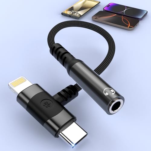 2-IN-1 USB C+Lightning Klinke Adapter Aux USB C Lightning auf 3,5 mm Kopfhöreranschluss Audio Adapter Dongle HiFi mit DAC Chip Kompatibel mit iPhone 16 15 14 13 12 11,Galaxy S24 S23 S22 S21, P60/50/40 von Rocketek