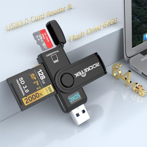 3-in-1 Micro-SD-Kartenleser, 64 GB, USB 3.0, Speicherstick mit 2 Steckplätzen für SD, SDXC, SDHC, MMC, UHS-I, Micro SDXC, Micro SDHC, Micro SD, TF-Karte, Trail-Kamera-Viewer-Adapter, Plug and Play von Rocketek