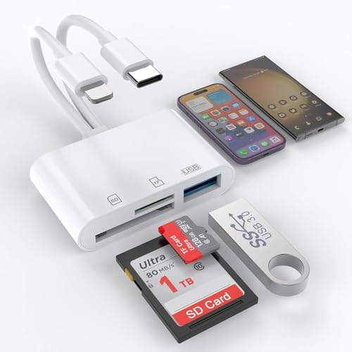 3 in 2 Speicher SD Kartenleser für iPhone 16 15, Anschluss auf SD TF USB-Adapter Speicher Micro SDXC,Micro SDHC, SDXC,SDHC,SD,USB-Disk,Kamera,Maus für iPhone 16/iPhone 15/iPad/MacBook/Samsung von Rocketek
