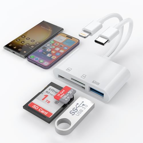 3 in 2 Speicher SD Kartenleser für iPhone iPad,Lightning+USB C Anschluss auf SD TF USB Adapter Speicher Micro SDXC,Micro SDHC,SDXC,SDHC,SD Karten,USB Disk,Kamera,Maus für iPhone15/iPad/MacBook/Samsung von Rocketek