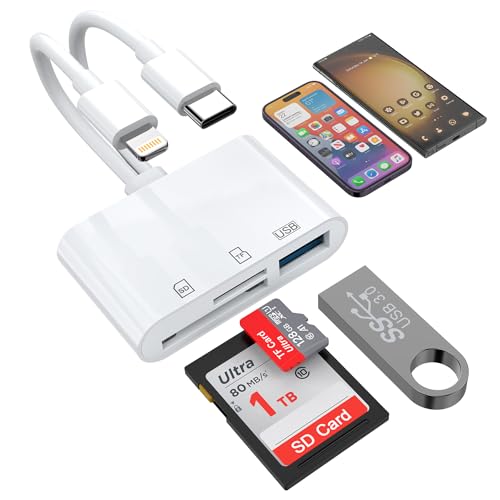 3 in 2 Speicher SD Kartenleser für iPhone iPad,Lightning+USB C Anschluss auf SD TF USB Adapter Speicher Micro SDXC,Micro SDHC,SDXC,SDHC,SD Karten,USB Disk,Kamera,Maus für iPhone15/iPad/MacBook/Samsung von Rocketek