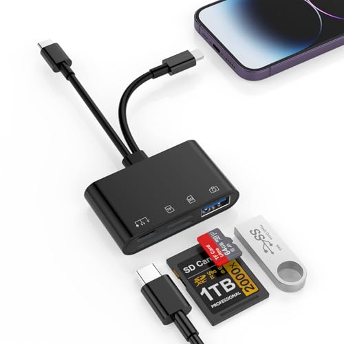 4-IN-2-SD-Kartenleser für iPhone iPad, SD-TF-Micro-SD-Kartenleseradapter mit SD-Micro-SD-Typ-C-USB-A-Anschlüssen, USB-C-Speicherkartenleser für iPhone 16/15, weitere USB-C-/Typ-C-Geräte Card Reader von Rocketek