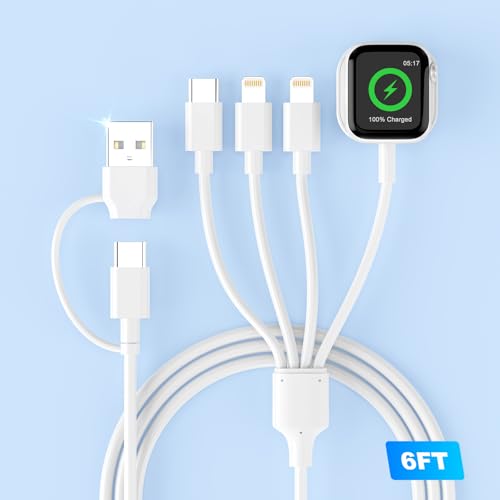 4 in 2 Watch Ladekabel Kompatibel für iWatch und iPhone, Multi-USB-A/C iWatch Ladekabel USB C Watch Ladegerät Charger Kabel für iWatch Serie 9/8/7/6/5/Ultra,iPhone 15/14/13/12,Galaxy/Android,6FT/1.8M von Rocketek