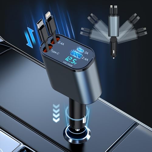 Einziehbares Auto Ladegerät 100W, 4 in 1 Zigarettenanzünder USB Auto Ladegerät mit iPhone & Typ-C Kabel, Zigarettenanzünder Stecker Adapter Retractable Car Charger Kompatibel mit iPhone Samsung Xiaomi von Rocketek
