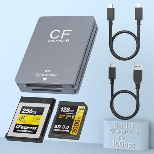 Multi CFexpress Typ B und SD Dual-Slot Kartenleser, USB 3.1 Gen 2 10Gbps CFexpress Leser, tragbarer CF Express Kartenleser inkl. USB C zu USB A/C Kabel, kompatibel mit Windows/Mac/Linux/Android von Rocketek