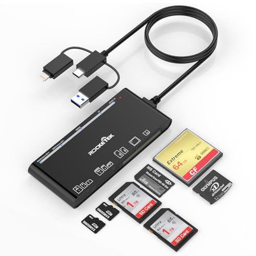 Rocketek USB C Lightning USB3.0 Multi Card Reader für SD CF Micro SD XD MS, 7 in 1 Speicherkartenleser Adapter Hub für iPhone/iPad/MacBook/Samsung, für Windows, Mac OS, iOS, Linux, Android-EU von Rocketek