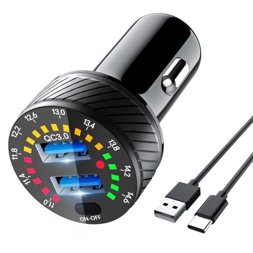 Rocketek Zigarettenanzünder USB Adapter, Schnellladung KFZ Ladegerät mit Buntem Voltmeter & EIN/Aus-Schalter Passend Dual QC3.0 Port 36W Auto Ladegerät für iPhone 15 14 13/iPad/Samsung Galaxy/Xiaomi von Rocketek