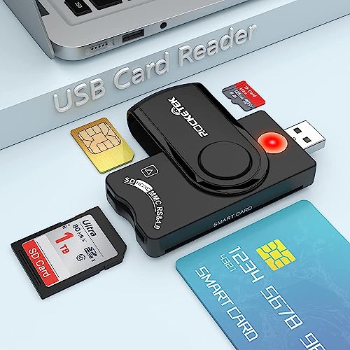 Smart Card Reader, USB ChipKarten Leser DOD Military USB 4-Anschlüsse CAC/SIM/SDHC/SDXC/SD und Micro SD-Kartenleser für MMC RS & 4.0 Kompatibel mit Windows XP/Vista/7/8/10 von Rocketek