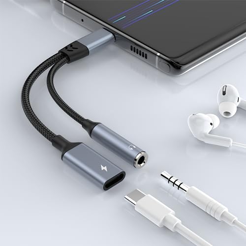 USB Typ C zu 3,5mm Kopfhörer und Ladegerät Adapter, 2-in-1 USB C PD 60W Ladeanschluss zu Aux Audio Jack und Schnelllade-Dongle Kabel Kabel kompatibel mit iPhone 15 Galaxy S23 Ultra S22 S21 Google von Rocketek