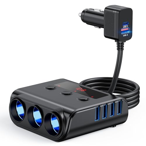 Zigarettenanzünder Verteiler 180W Auto Ladegerät mit 5USB Anschlüsse,12V/24V Verteiler KFZ Ladegerät Adapter 3 Fach Steckdose LED Voltmeter mit Separatem Schalter für Handy GPS Dash Kamera Sitzheizung von Rocketek