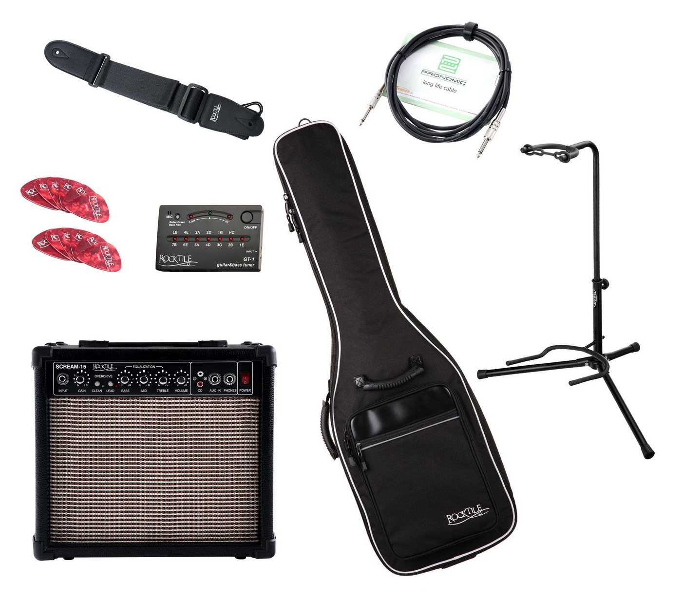 Rocktile E-Gitarren Add On Package full Audioverstärker (Anzahl Kanäle: 2, 15 W, inkl. Verstärker, Kabel, Tasche, Picks, Gurt, Ständer, Tuner) von Rocktile