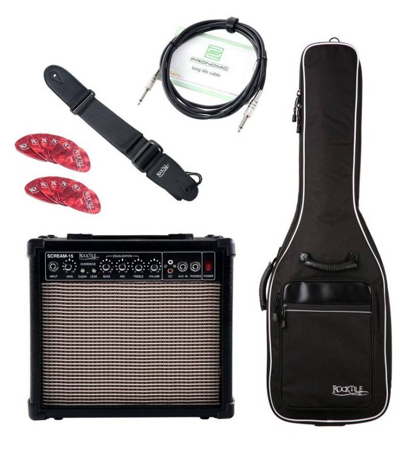 Rocktile E-Gitarren Add On Package light Audioverstärker (Anzahl Kanäle: 2, 15 W, Light Set: Verstärker, Tasche, Gurt, Instrumentenkabel, Plektren) von Rocktile