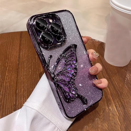 Roemary Schmetterlings-Schutzhülle für iPhone 15 Pro, flüssigkeitsfließend, lila Schmetterlings-Handyhülle mit Kameraschutz, violetter Bumper und violetter Rückseite von Roemary