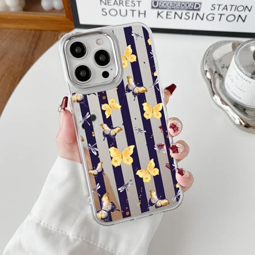 Roemary Schutzhülle für iPhone 16 Pro 6,3 (Blumenmuster) mit Schmetterlings-Blumen-Motiv, Make-up-Spiegel für Mädchen und Damen, glänzende harte Rückseite und transparenter weicher TPU-Stoßdämpfer von Roemary