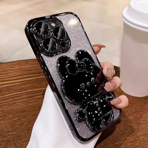 Roemary Schutzhülle mit Spiegel-Ständer, für iPhone 15 Pro Max, für iPhone 15 Pro Max, mit Make-up-Spiegel-Design, Hase, klappbare Halterung, Ständer, Handyhülle, schwarzer Hase von Roemary