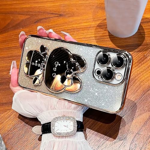 Roemary Schutzhülle mit Spiegel-Ständer für iPhone 16, iPhone 16, mit Make-up-Spiegel, Hase, klappbare Halterung, Ständer, Handyhülle, goldfarbener Hase von Roemary