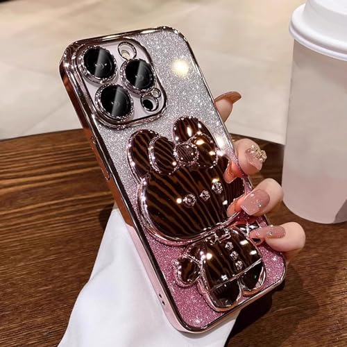 Roemary Schutzhülle mit Spiegel-Ständer, für iPhone 16 Pro Max, für iPhone 16 Pro Max, mit Make-up-Spiegel-Design, Hasen-Klapphalterung, Ständer, Handyhülle, Pink Bunny von Roemary