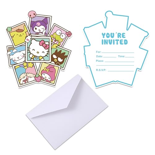 Roffatide Anime Cinnamoroll Einladungen mit Umschlägen (Satz von 12) Kurom geformte Fill-in Einladungen Melody Thema Geburtstagsparty lädt Party Supplies ein von Roffatide