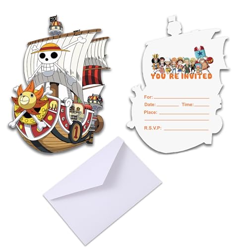 Roffatide Anime One Piece Einladungen mit Umschlägen (Satz von 12) Luffy Piratenschiff geformte Fill-in Einladungen Piraten Thema Geburtstagsparty lädt Party Supplies ein von Roffatide