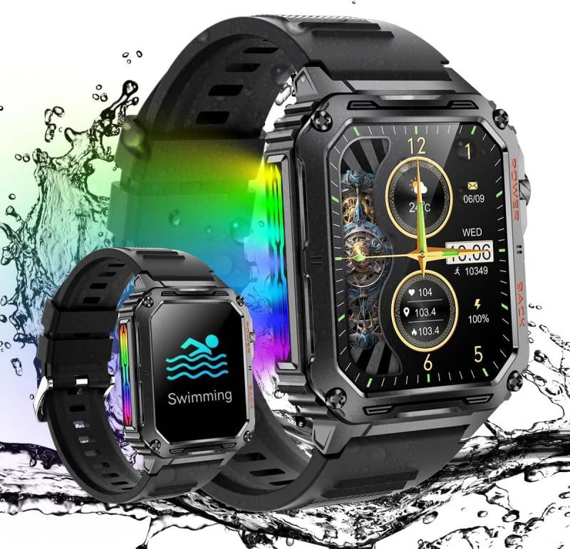 Rogbid Farbe Taschenlampe Militär mit Telefonfunktion IP69Wasserdicht Outdoor Smartwatch (1,69 Zoll, Android, iOS), 123 Sportmodi Uhren mit Herzfrequenz Schlafmonitor Blutdruckmessung von Rogbid
