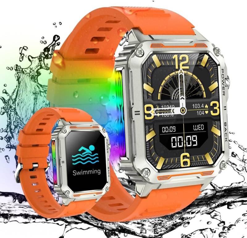 Rogbid Farbe Taschenlampe Militär mit Telefonfunktion IP69Wasserdicht Outdoor Smartwatch (1,96 Zoll, Android, iOS), 123 Sportmodi Uhren mit Herzfrequenz Schlafmonitor Blutdruckmessung von Rogbid