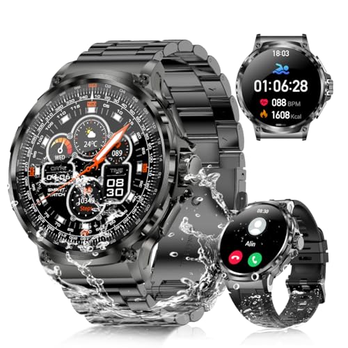 Rogbid Stahl Gear Smartwatch Herren mit Telefonfunktion Metallband 1,85" AMOLED IP69 Wasserdicht Militär Smart Watch Outdoor Uhren Herzfrequenz Schlafüberwachung 120+ Sportmodi Fitnessuhr für Android von Rogbid