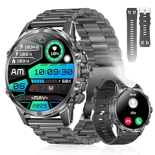 Rogbid Smartwatch Herren mit Telefonfunktion Metallband Stahl Gear Uhr 1,85" AMOLED IP69 Wasserdicht Militär Smart Watch Uhren Herzfrequenz Schlafüberwachung 120+ Sportmodi Fitnessuhr (Schwarz) von Rogbid