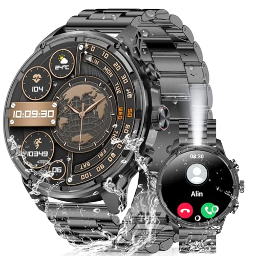Rogbid Stahl Gear Smartwatch Herren mit Telefonfunktion 1.85‘’ AMOLED Smartwatch mit Taschenlampe 120+ Sportmodi 730mAh IP68 Wasserdicht Fitnessuhr mit 24/7 Herzfrequenz Schlafmonitor Android iOS von Rogbid