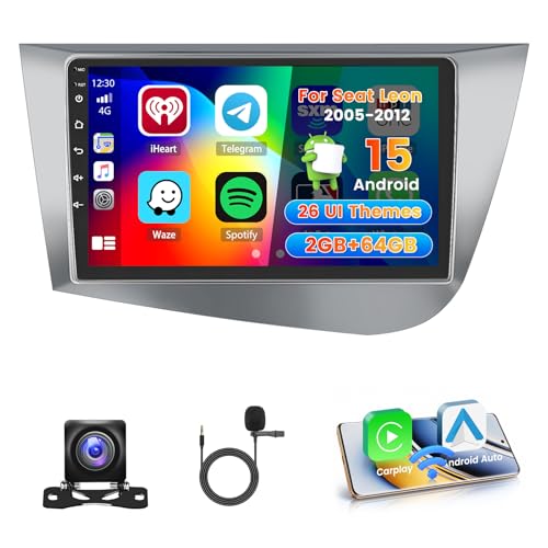 Roinvou 2+64G Android Autoradio Navi für Seat Leon 2005-2012 mit Wireless Carplay und Android Auto, 9 Zoll Touchscreen Radio mit Mirror Link Bluetooth EQ WiFi GPS FM/RDS SWC Rückfahrkamera von Roinvou