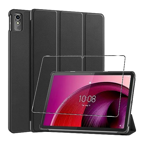 Hülle für Lenovo Tab M10 5G Tablette Case Cover+1 Stücks Schutzglas Schutzfolie,Ultra Schlank Superleicht Dreifach Falt Klapp Schutzhülle Case mit Auto Schlaf/Wach Funktion - Schwarz von Rojeuinn