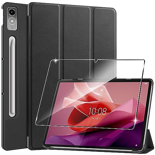 Hülle für Lenovo Tab P12 12.7 Zoll 2023 Tablette Case Cover+1 Stücks Schutzglas Schutzfolie,Ultra Schlank Superleicht Dreifach Falt Klapp Schutzhülle Case mit Auto Schlaf/Wach Funktion - Schwarz von Rojeuinn