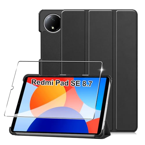 Hülle für Redmi Pad SE 8.7" 4G 2024 Tablette Case Cover+1 Stücks Schutzglas Schutzfolie -Schwarz von Rojeuinn