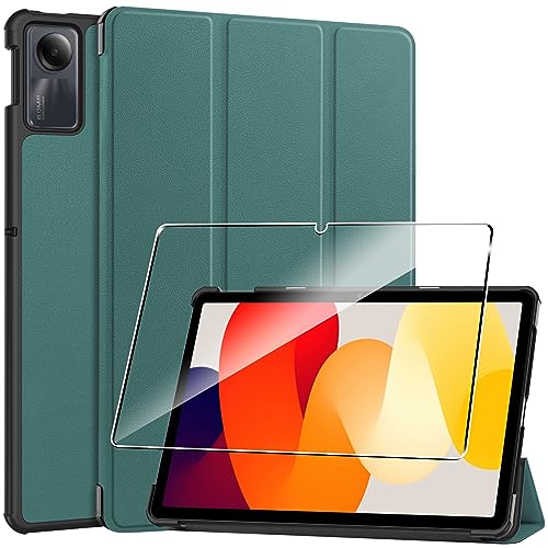 Hülle für Redmi Pad SE Tablette Case Cover+1 Stücks Schutzglas Schutzfolie,Ultra Schlank Superleicht Dreifach Falt Klapp Schutzhülle Case mit Auto Schlaf/Wach Funktion - Green von Rojeuinn