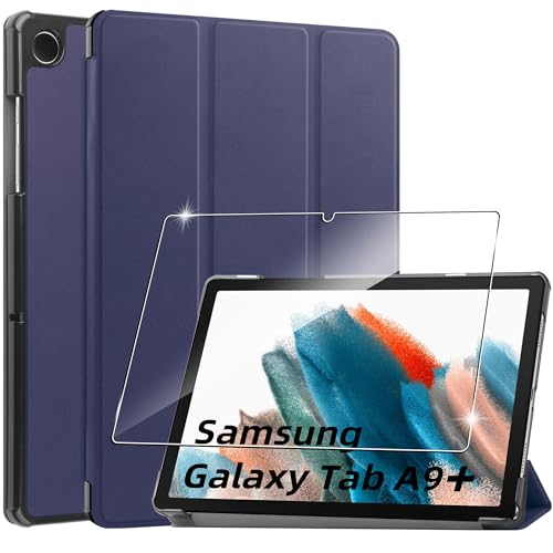 Hülle für Samsung Galaxy Tab A9+/A9 Plus 11.0 Zoll Tablette 2023 Case Cover+1 Stücks Schutzglas Schutzfolie,Superleicht Dreifach Falt Klapp Schutzhülle Case - Blue von Rojeuinn